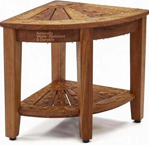 Corner teak bench with storage shelf