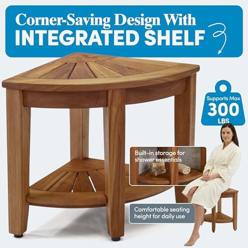Corner teak bench with storage shelf — photo 4