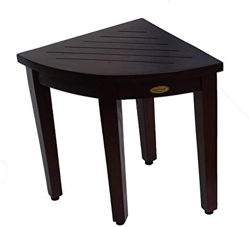 Corner teak shower bench with storage shelf