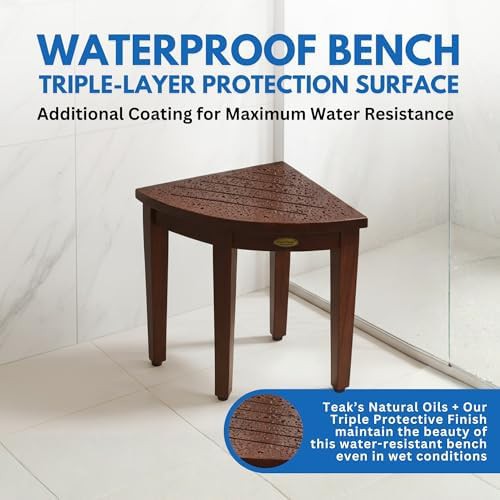 Corner teak shower bench with storage shelf — photo 5
