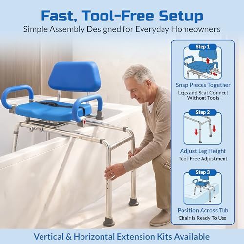 Blue sliding shower chair with swivel seat — photo 5