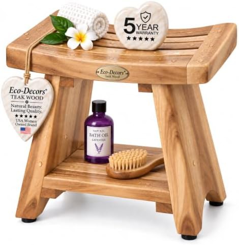 Teak shower stool with storage shelf