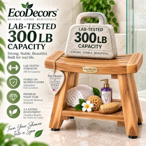 Teak shower stool with storage shelf — photo 4