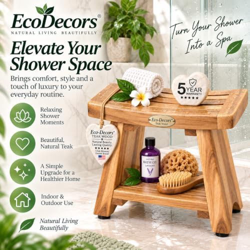 Teak shower stool with storage shelf — photo 5