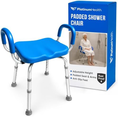 Blue padded medical shower bench with handles