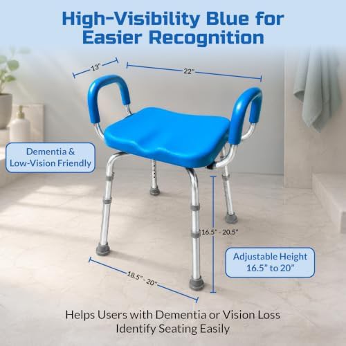 Blue padded medical shower bench with handles — photo 3