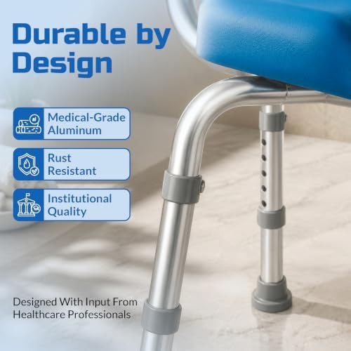 Blue padded medical shower bench with handles — photo 4