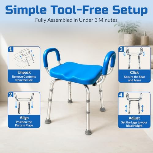 Blue padded medical shower bench with handles — photo 5