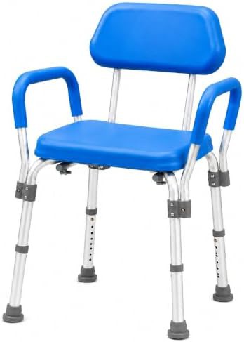 Blue padded shower chair with armrests