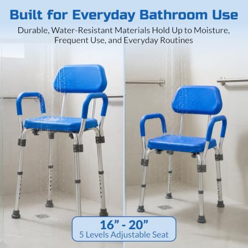 Blue padded shower chair with armrests — photo 3