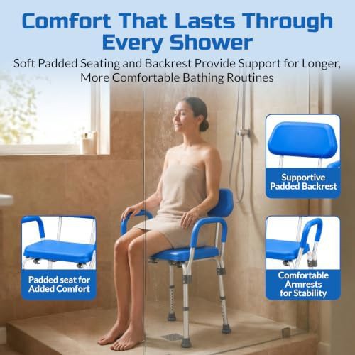 Blue padded shower chair with armrests — photo 4