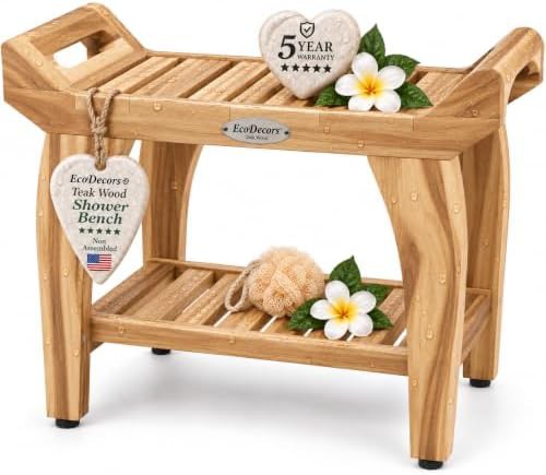 Teak shower bench with arms and shelf