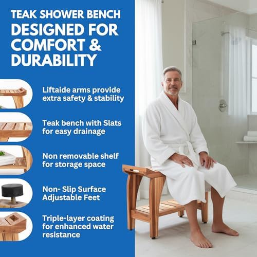 Teak shower bench with arms and shelf — photo 3