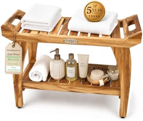 Wide teak shower bench with side handles