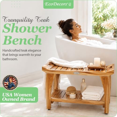 Wide teak shower bench with side handles — photo 3
