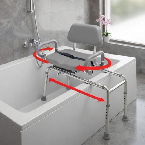 Gray sliding transfer bench with swivel seat