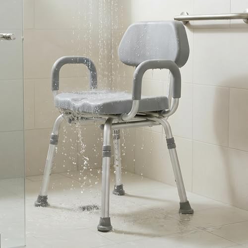 Gray padded shower chair with armrests