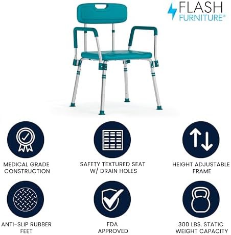 Teal shower chair with quick release arms — photo 3