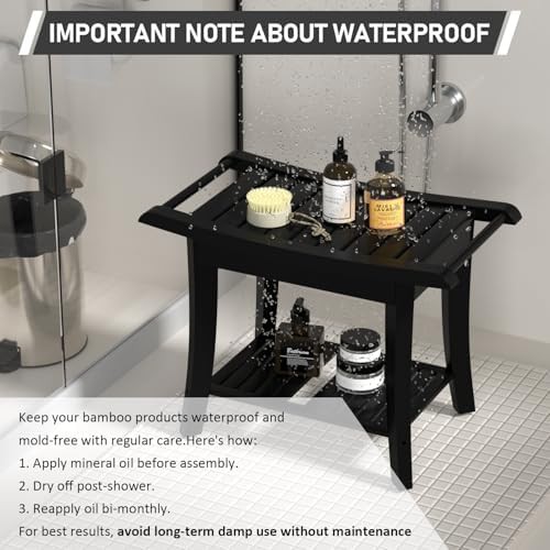 Black bamboo shower bench with storage shelf — photo 4