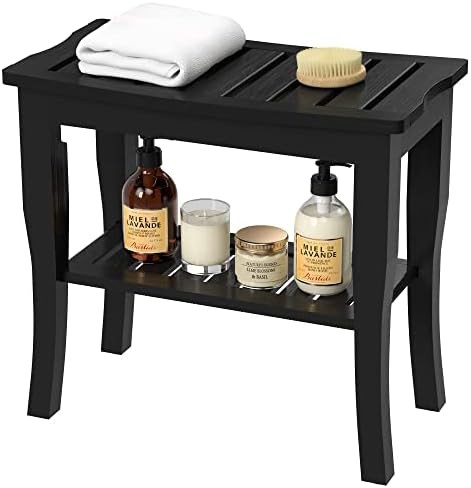 Compact black wooden stool for small showers