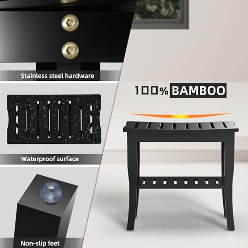 Black bamboo shower bench with storage — photo 4
