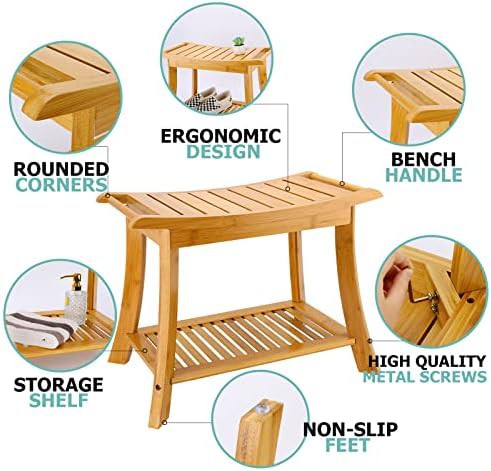 Beige bamboo shower bench with shelf — photo 3