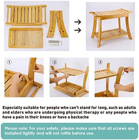 Beige bamboo shower bench with shelf — photo 4