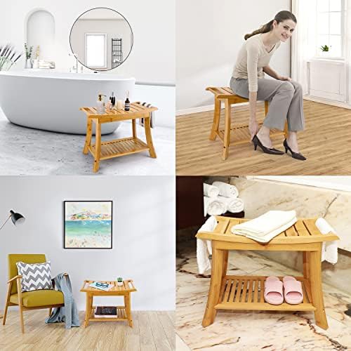 Beige bamboo shower bench with shelf — photo 5