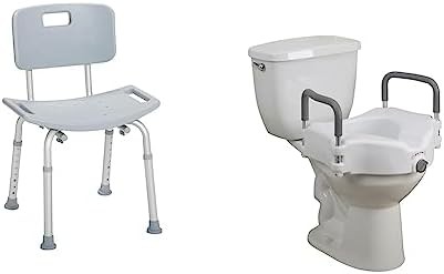 Gray bathroom bench and raised toilet seat