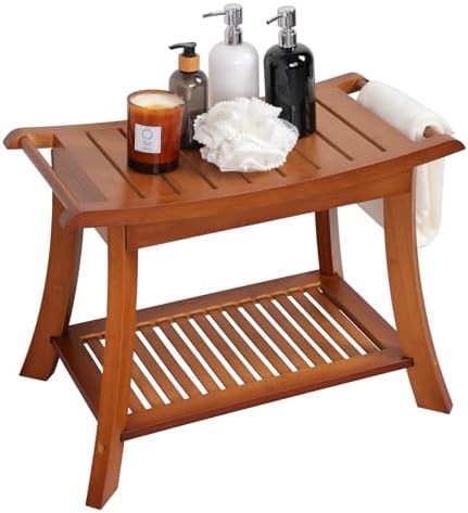 Walnut bamboo shower stool with shelf