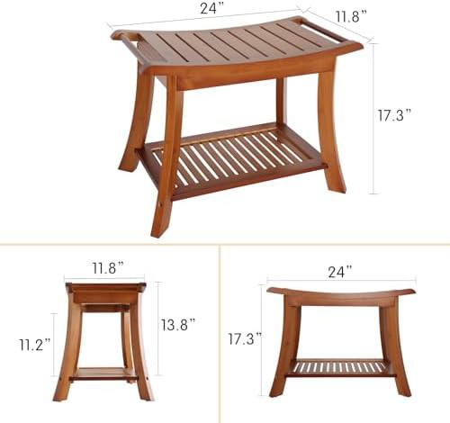 Walnut bamboo shower stool with shelf — photo 4