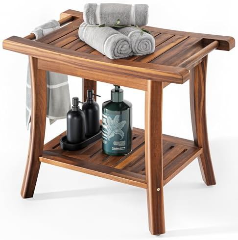 Teak shower bench with side handles
