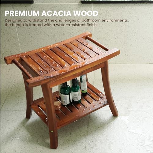 Teak shower bench with side handles — photo 4
