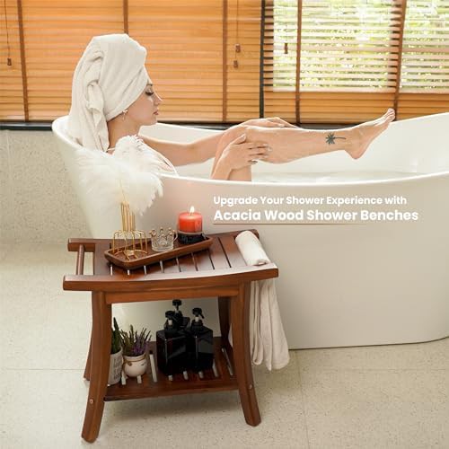 Teak shower bench with side handles — photo 5