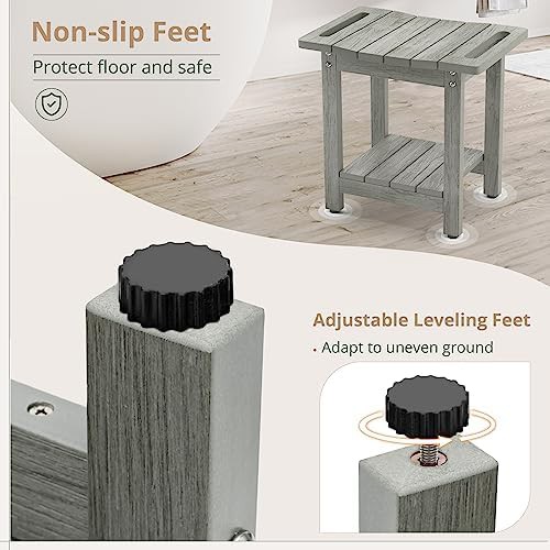Gray waterproof shower bench with storage shelf — photo 3