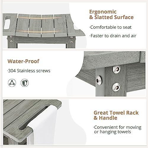 Gray waterproof shower bench with storage shelf — photo 4