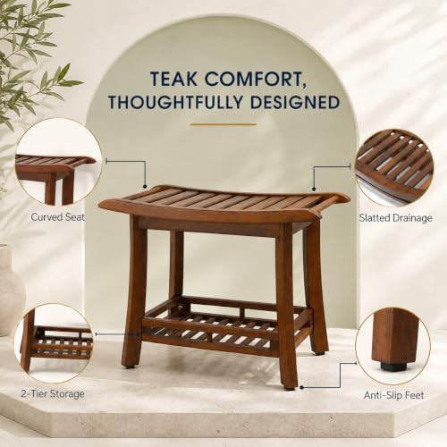 Teak wood bench with storage shelf — photo 3