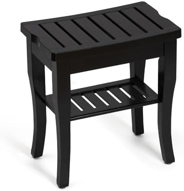 Black bamboo shower bench with shelf