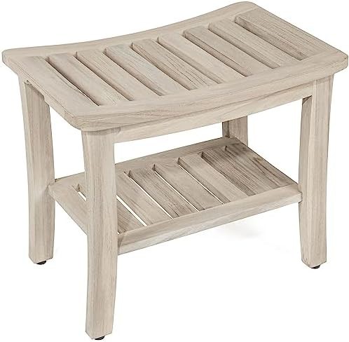 Gray teak shower stool with storage shelf