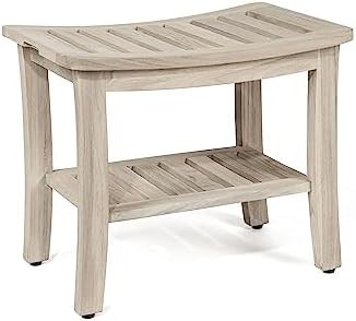 Gray teak shower stool with storage shelf — photo 4