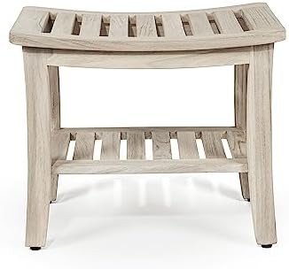 Gray teak shower stool with storage shelf — photo 5