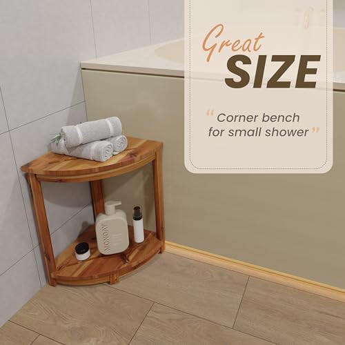 Corner acacia wood bench with shelf — photo 4
