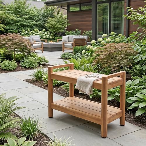Wide teak bench with side arms — photo 4