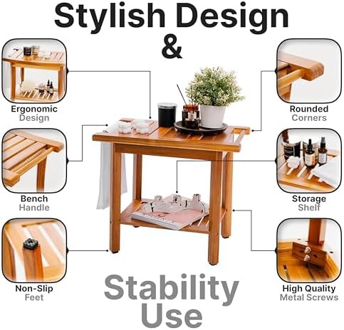 Portable teak bench with towel shelf — photo 4