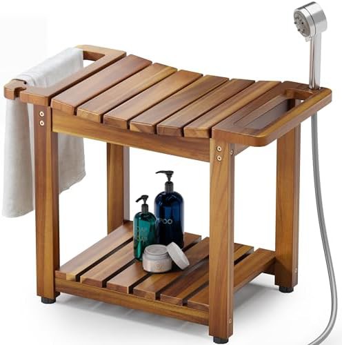 Natural wood shower bench with side handle