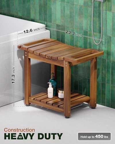 Natural wood shower bench with side handle — photo 3