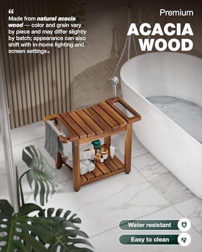 Natural wood shower bench with side handle — photo 5