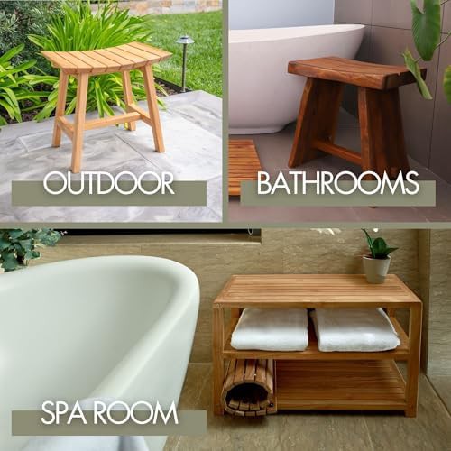 Curved teak wood shower stool with shelf — photo 4