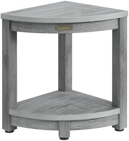 Gray corner shower stool with storage shelf