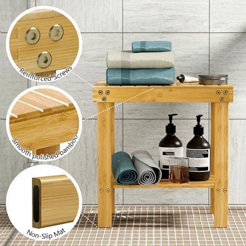 Bamboo shower bench with storage shelf — photo 4